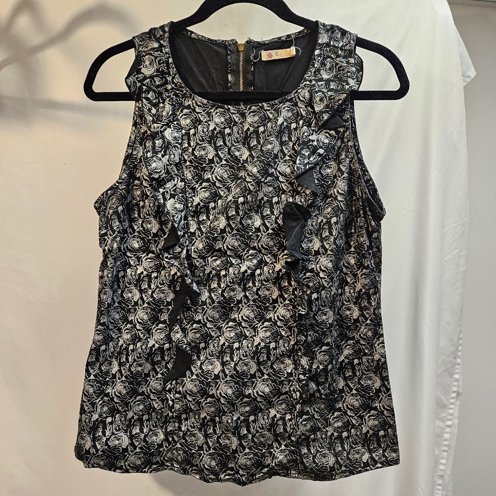 3for$25 TULLE black silver glitter floral large tank top blouse roses bus casual